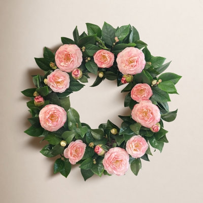 Wreath with Camellia Style Blossoms and Glossy Leaves for Farmhouse Decor