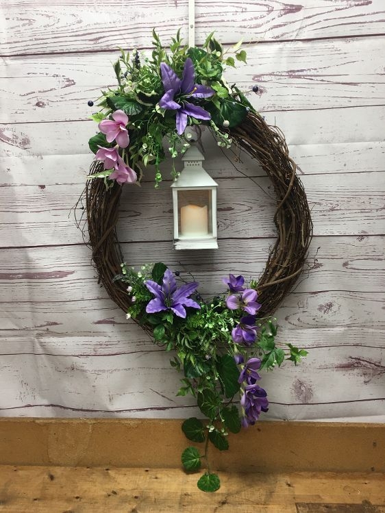 Wreath with Center Lantern and Mixed Purple Blooms, Wall Art