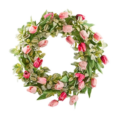 Wreath with Checkered Bow, Pink and White Tulips for Modern Farmhouse
