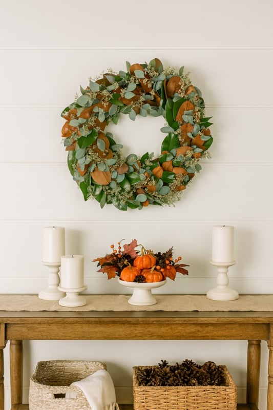 Wreath with Copper Undersides, Seeded Sprigs, Magnolia & Eucalyptus Decor.