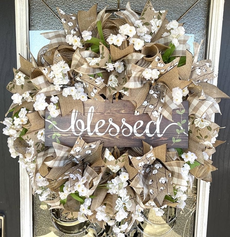 Wreath with Cotton Bolls and Blessed Sign, Rustic Deco Mesh Porch Decor