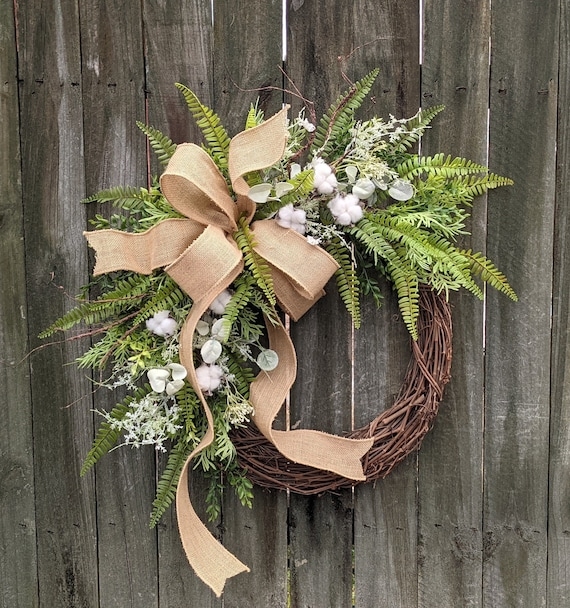 Wreath with Cotton Bolls and Burlap Bow, Farmhouse Decor