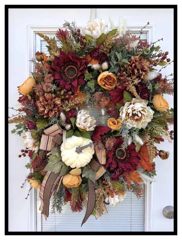 Wreath with Cream Hydrangeas and Mixed Fern Base, Elegant Harvest Wall Art