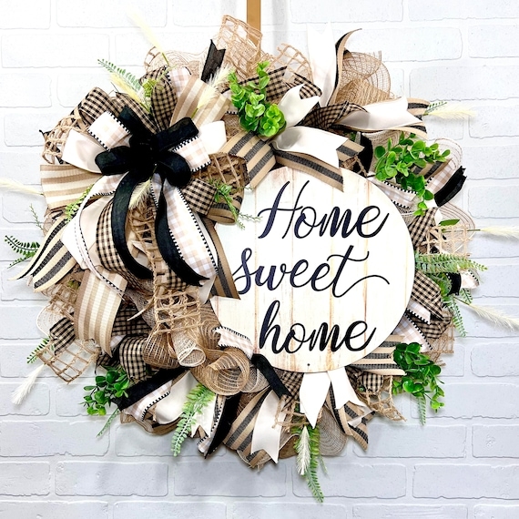 Wreath with Deco Mesh Texture, Welcome Sign, and Monochromatic Ribbons