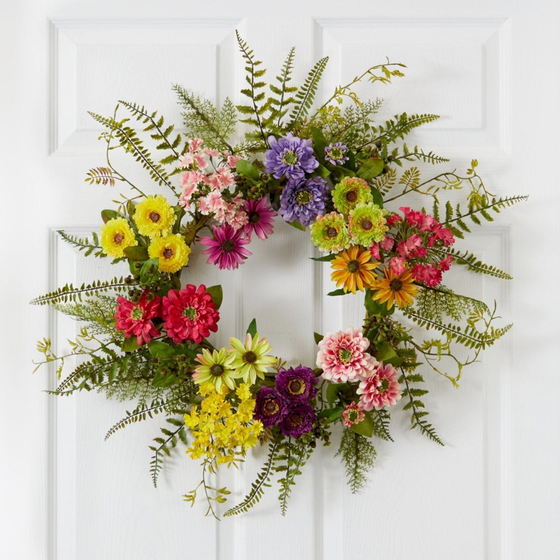 Wreath with Dense Artificial Foliage and Mixed Floral Composition