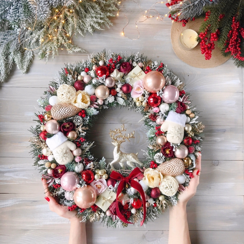 Wreath with Dense Red Berries and Gold Pinecones