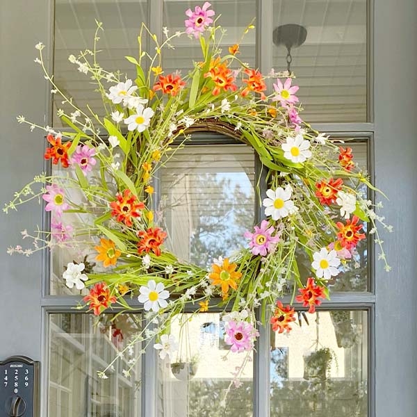 Wreath with Distressed Wood Backdrop, Cream Ranunculus Style Blooms