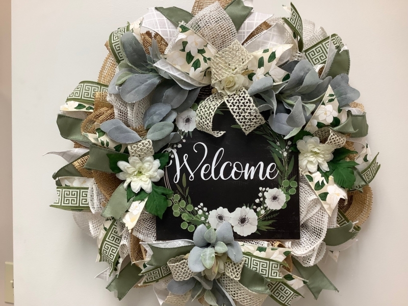 Wreath with Dual Layer Ribbon, Cotton Bolls, and Mixed Foliage Textures