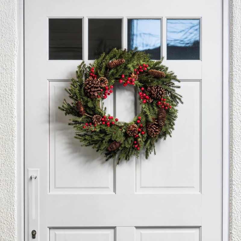 Wreath with Dual Tone Berries: Faux Evergreen Rustic Holiday Decor.