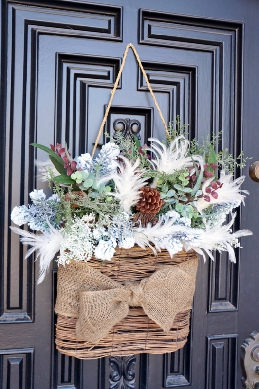 Wreath with Felt Floral Accents, Silver Cedar Greenery, Shabby Chic Style