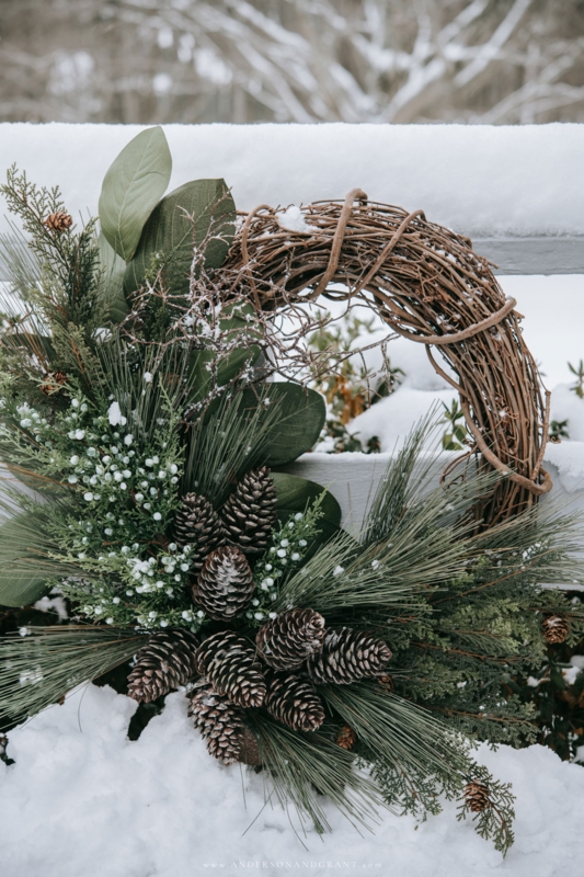 Wreath with Frosted Finish, Grapevine Base, White Berries, Rustic Farmhouse