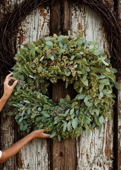 Wreath with Herbal Composition & Dusty Pink Ribbon, Farmhouse Holiday.