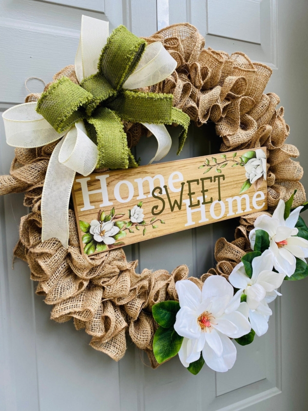 Wreath with Home Sweet Home Sign and Burlap Mesh, Rustic Porch Decor