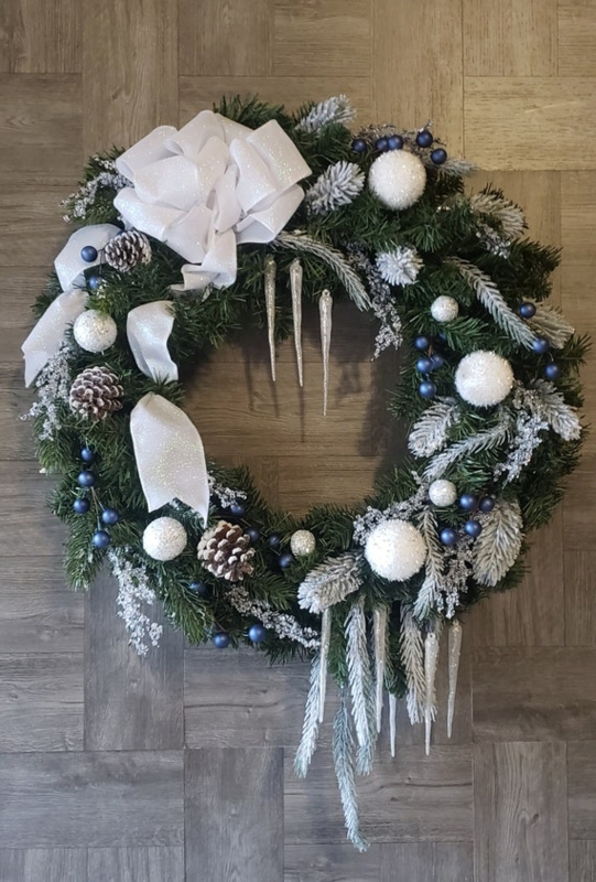 Wreath with Icicle Ornaments, Snowball Accents, Frosted Modern Farmhouse