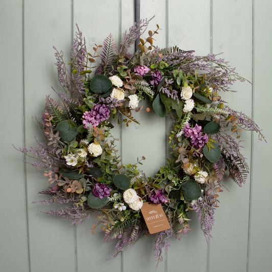 Wreath With Ivory Blossoms, Rustic Entryway Wreath Decor