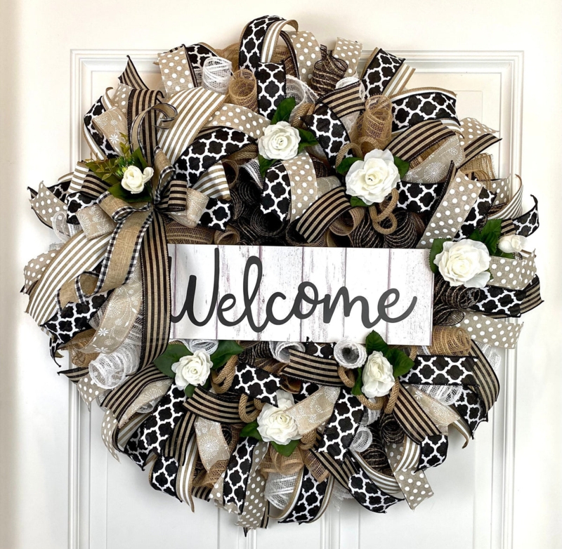 Wreath with Lamb Ear Foliage and Burlap Bow, Rustic Farmhouse Decor