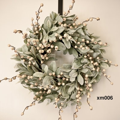 Wreath with Lambs Ear Foliage and Deep Red Berries, Farmhouse Holiday Decor