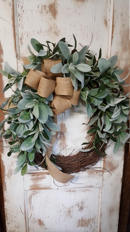 Wreath with Lambs Ear Foliage, Burlap Accent, Rustic Farmhouse Door Decor.