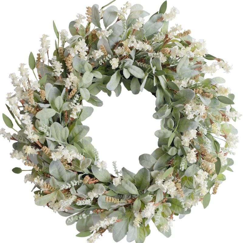 Wreath with Lambs Ear Foliage, Ivory Roses, Farmhouse Door Decor
