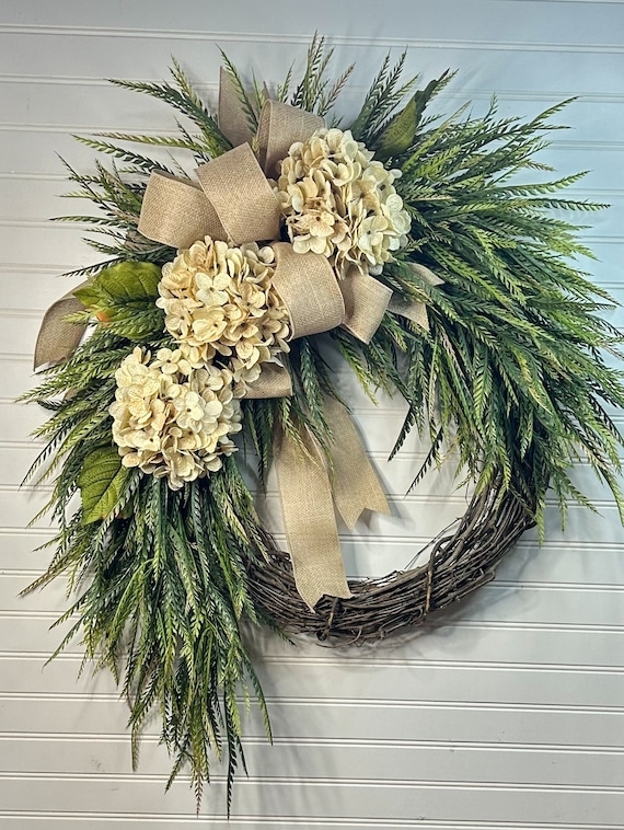 Wreath with Large Hydrangea Clusters, Grapevine Base, Farmhouse Decor