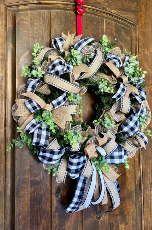 Wreath with Layered Bow and Eucalyptus Leaves, Farmhouse Entryway Decor