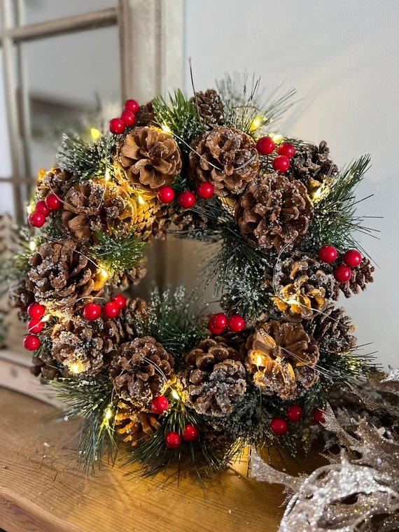 Wreath with LED Lights: Frosted Tips Rustic Woodland Holiday Decor.