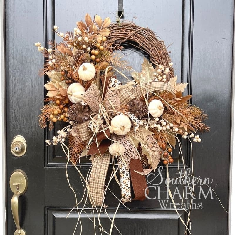 Wreath with Mini Pumpkins and Layered Ribbon Bow, Fall Wreath Ideas