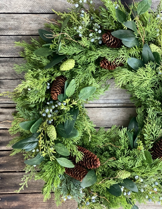 Wreath with Mixed Greenery Variety, Berry Clusters, Rustic Holiday Decor.