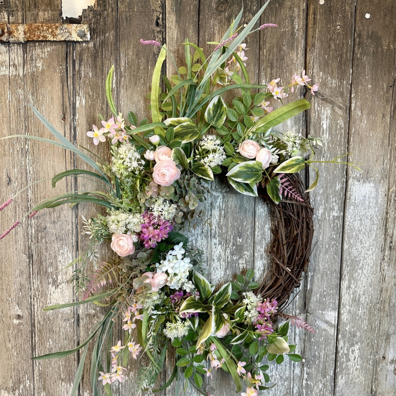 Wreath with Modern Farmhouse Asymmetrical Pink Wildflower Cluster
