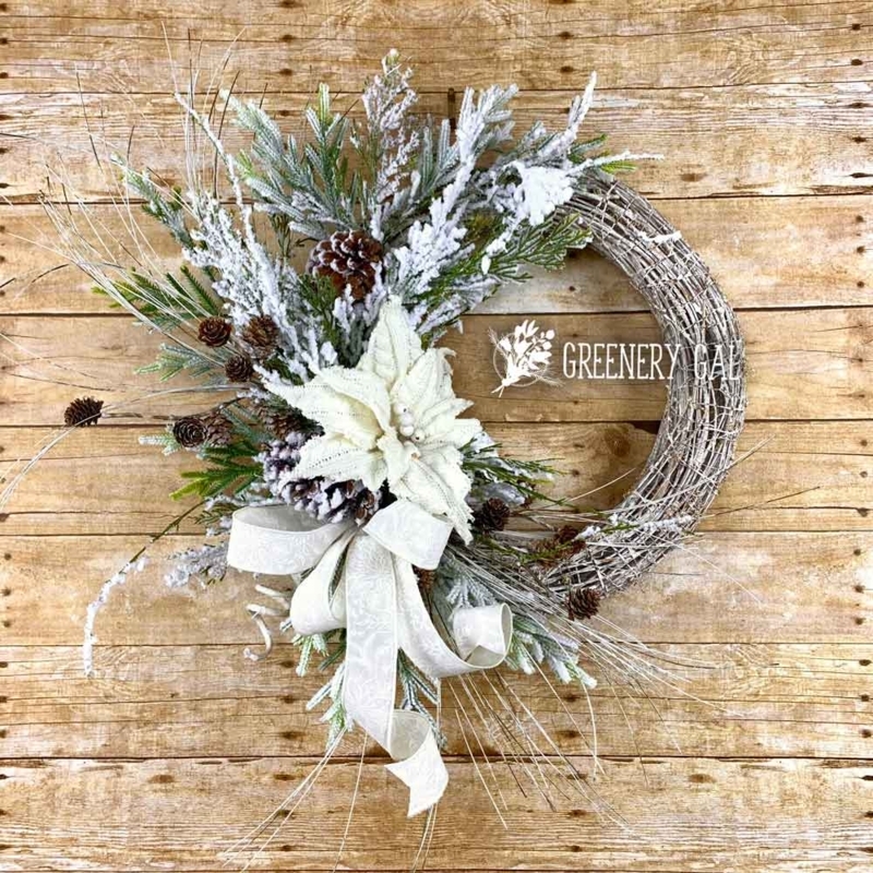 Wreath with Monochromatic Palette, Heavy Flocking, Modern Farmhouse Style