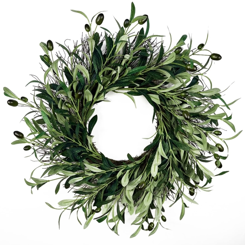 Wreath with Olive Leaf Design, Muted Color Palette, Farmhouse Rustic.