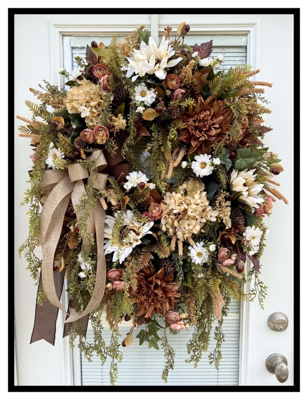 Wreath with Oversized Bow, Cream Floral Accents, Cream and Copper Wreath