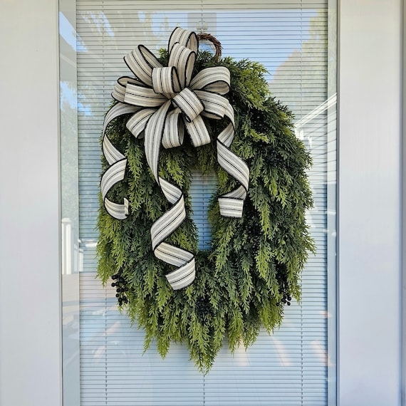 Wreath with Oversized Fabric Bow, Rustic Winter Front Door Decoration