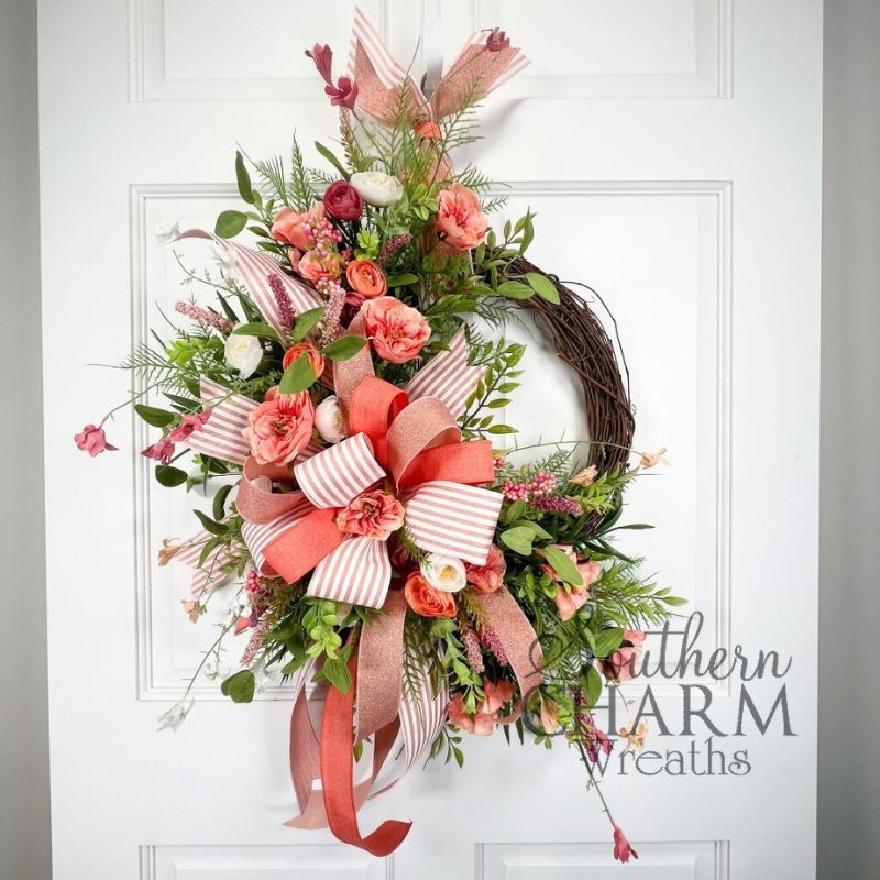 Wreath with Oversized Peonies and Grapevine Texture, Summer Wreath
