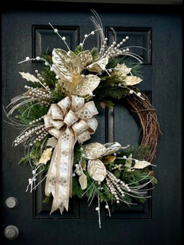 Wreath with Pearl Clusters, Champagne Velvet Bow, Frosted Glam Style