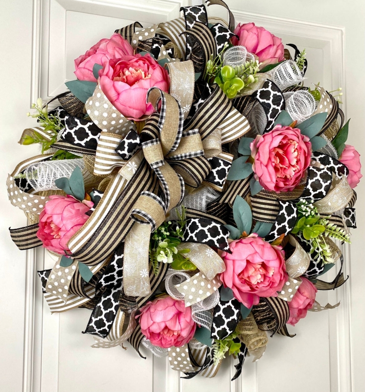 Wreath with Peony Blooms, Full Silhouette, Traditional Farmhouse Decor