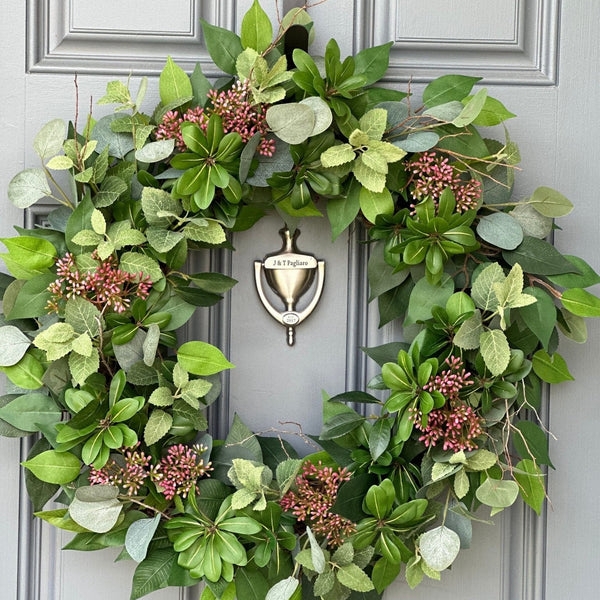 Wreath with Pink Sedum Accents, Exposed Twig Base, Rustic Farmhouse Style.