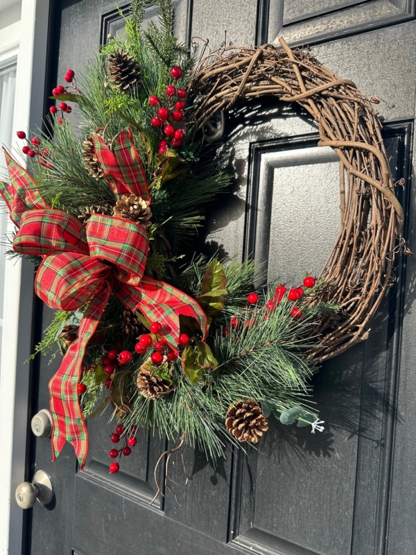 Wreath with Plaid Bow, White Berries, Traditional Farmhouse Holiday Decor