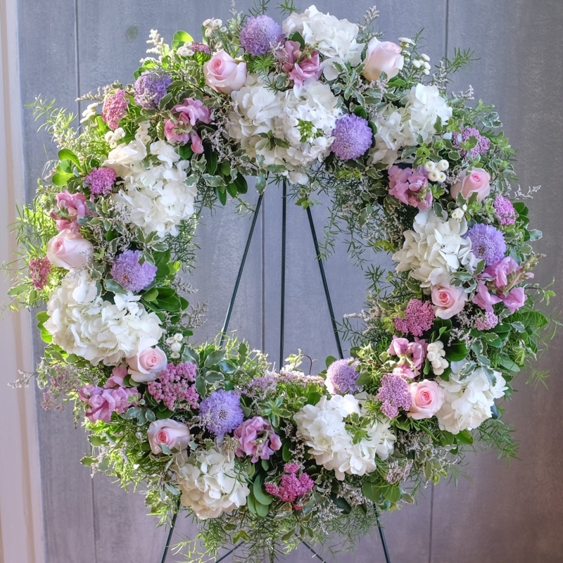 Wreath with Preserved Larkspur, White Roses, and Cottagecore Style