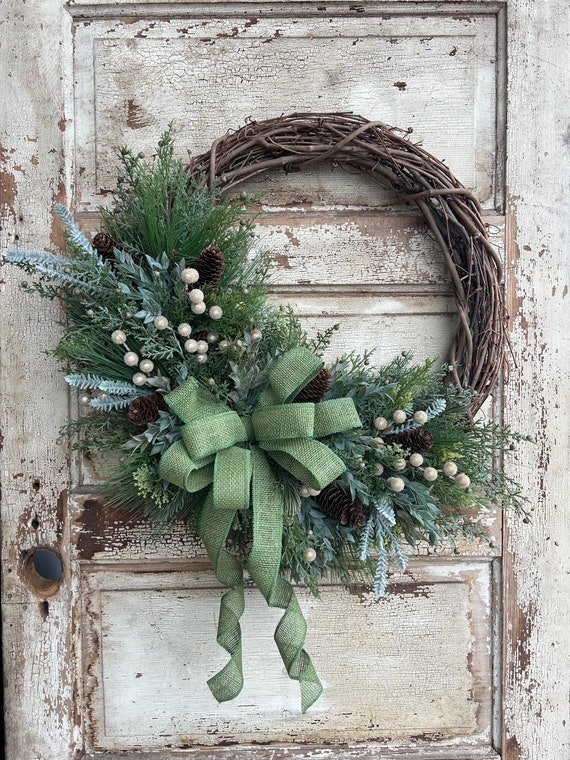 Wreath with Sage Green Foliage, Gold Berry Accents, Pine Cones for Decor.