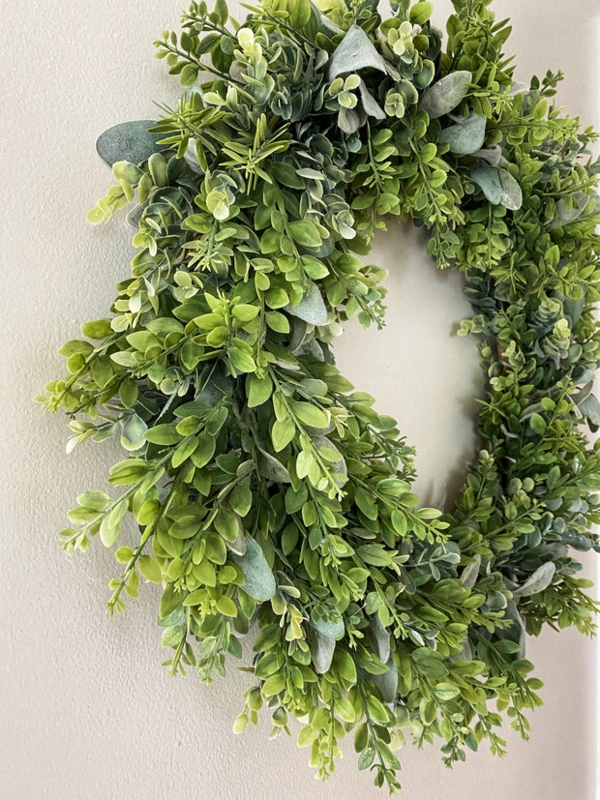 Wreath with Silver Dollar Eucalyptus, Shiplap Backdrop, Modern Farmhouse.
