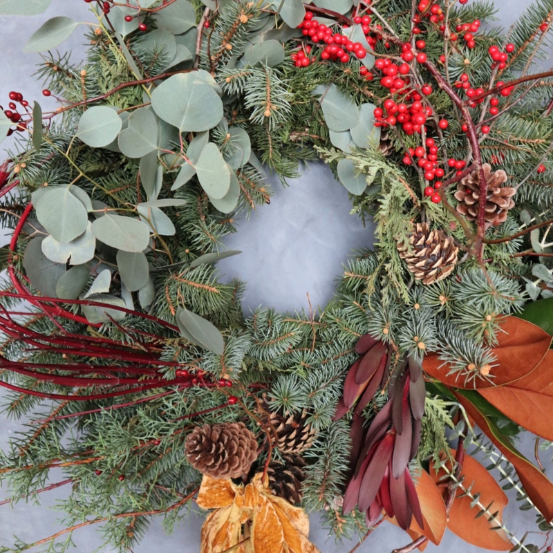 Wreath with Teal Velvet Ribbon, Dried Lotus Pods, Rustic Organic Style