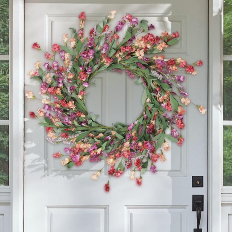 Wreath with Tri-Color Floral Palette, Vibrant Summer Entryway Decor