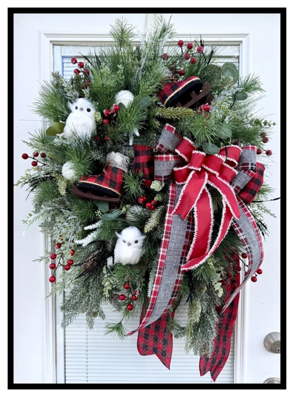 Wreath with Vintage Ice Skates, Owl Figurines, Rustic Woodland Decor