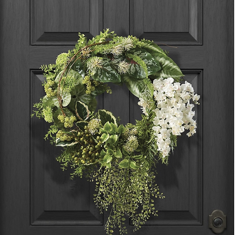 Wreath with White Orchids, Mixed Greenery, Tropical Modern Coastal Style.