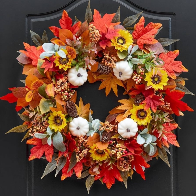 Wreath with White Pumpkin Accents, Farmhouse Fall Front Door Decor
