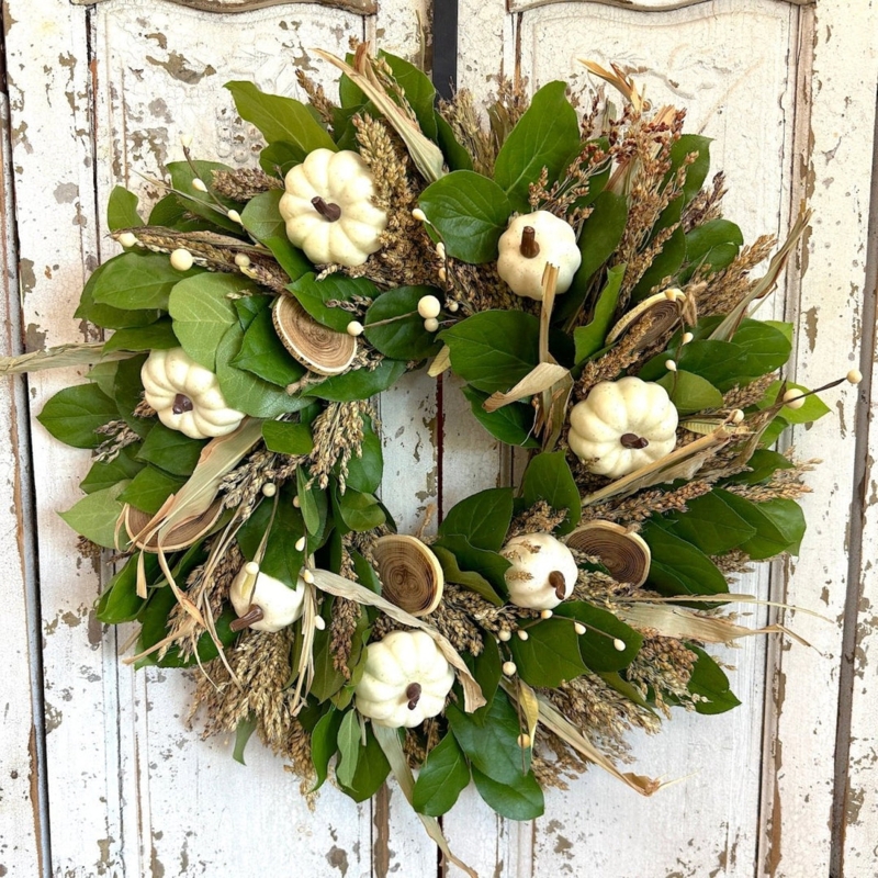 Wreath with White Pumpkins and Mixed Grains, Rustic Harvest Door Decor