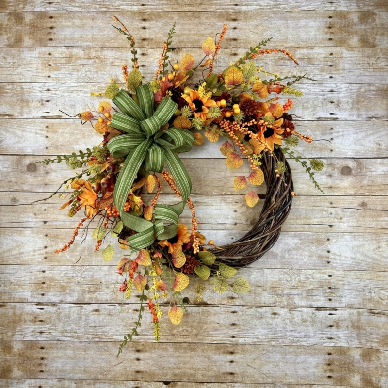 Wreath with Willow Branch Base, Buffalo Check Bow, Modern Farmhouse Fall.
