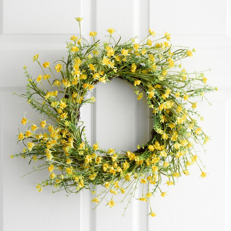 Wreath: Yellow Wildflower Blooms & Textured Greenery Cottage Decor.