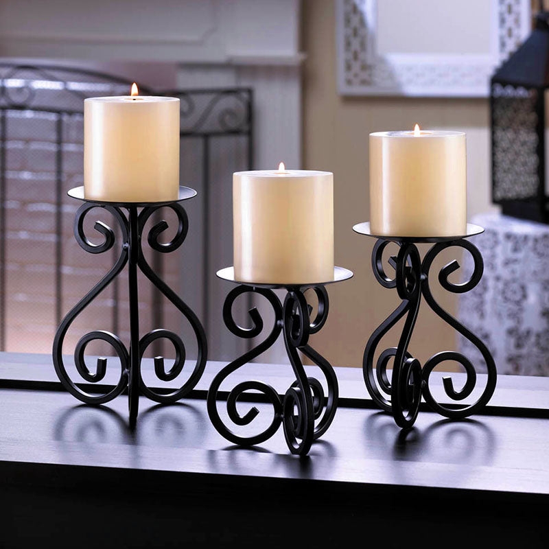 Wrought Iron Pillar Candle Set: Scrollwork Floor Stands, Graduated